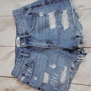 JBD Light Wash Distressed Frayed Raw Hem Denim Shorts size Small